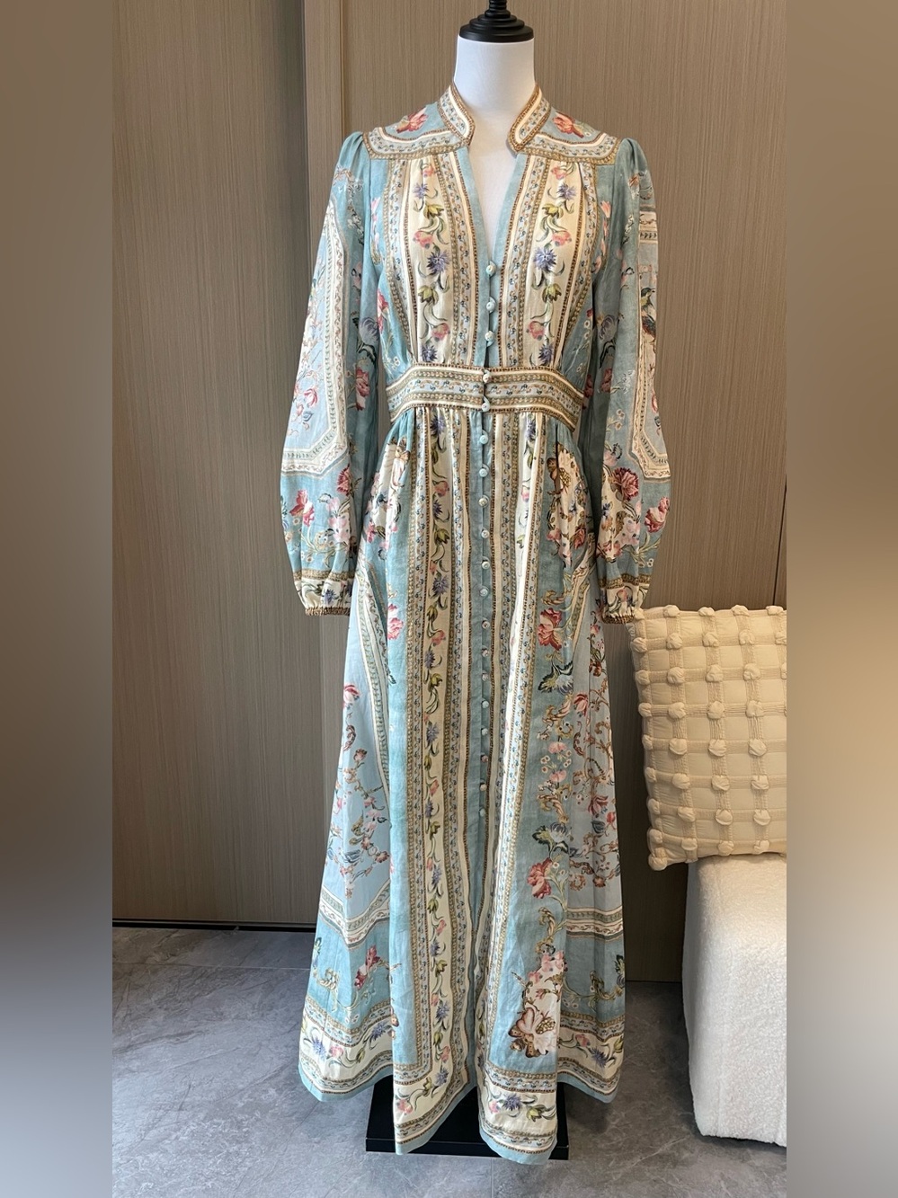 Zimmermann Roselight Plunge Long Sleeve Linen & Silk Midi Dress Floral Paisley - Picture 4 of 13